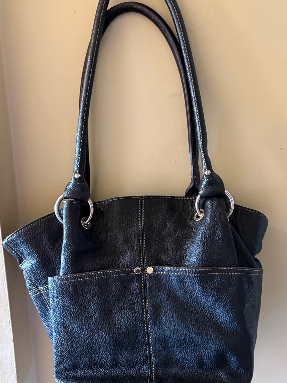 Tignanello Dark Brown Pebbled Leather Shoulder Bag with Silver Hardware